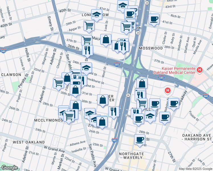map of restaurants, bars, coffee shops, grocery stores, and more near 717 Brockhurst Street in Oakland