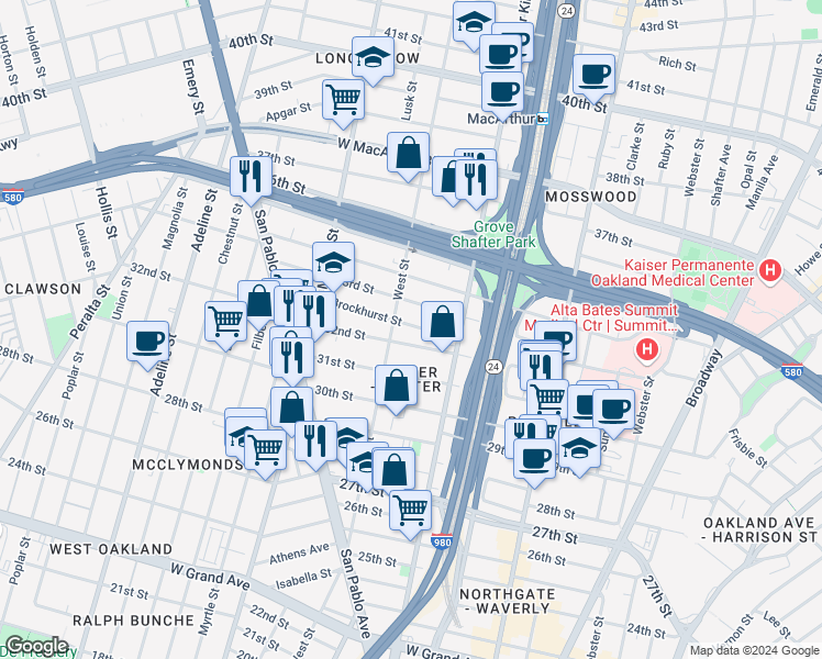 map of restaurants, bars, coffee shops, grocery stores, and more near 717 Brockhurst Street in Oakland