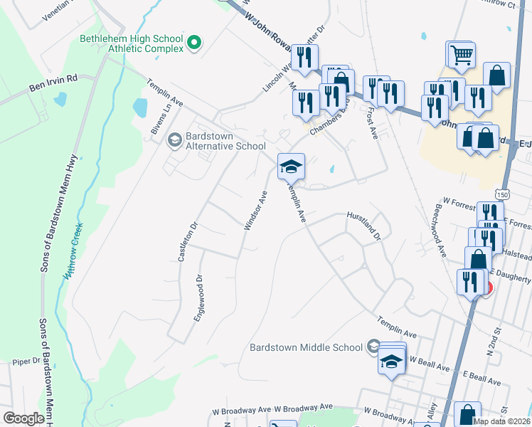map of restaurants, bars, coffee shops, grocery stores, and more near 109 Windsor Avenue in Bardstown