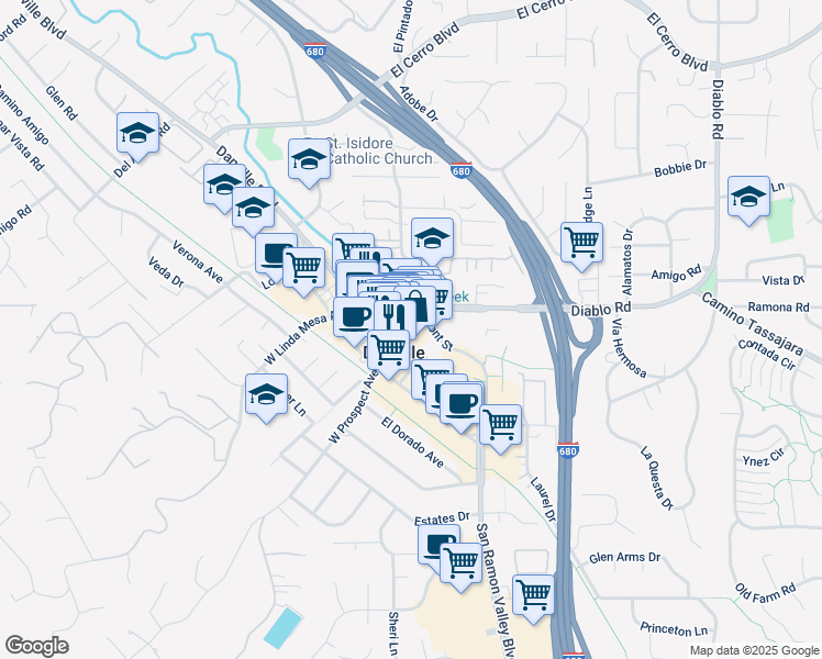 map of restaurants, bars, coffee shops, grocery stores, and more near 154-160 East Prospect Avenue in Danville
