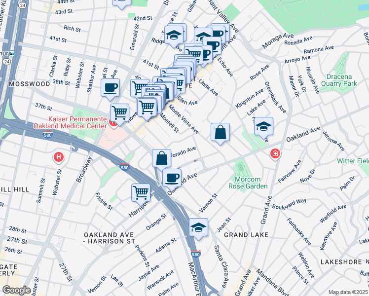 map of restaurants, bars, coffee shops, grocery stores, and more near in Oakland