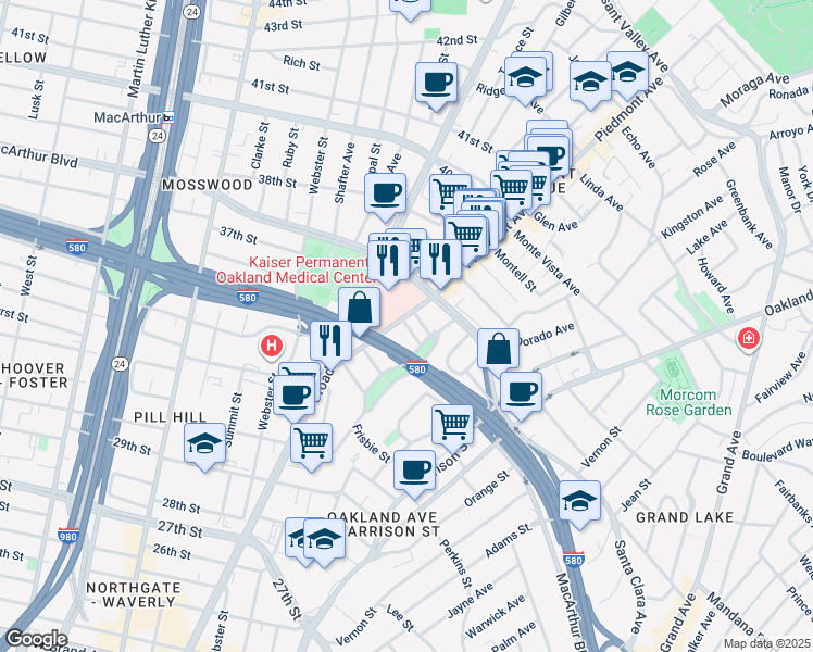 map of restaurants, bars, coffee shops, grocery stores, and more near 3506 Piedmont Avenue in Oakland