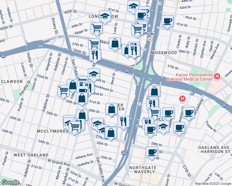 map of restaurants, bars, coffee shops, grocery stores, and more near 726 Brockhurst Street in Oakland