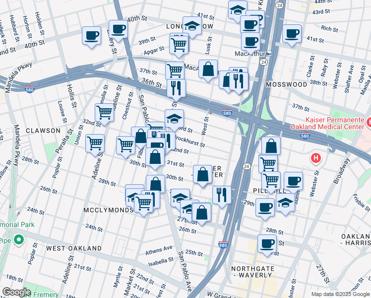 map of restaurants, bars, coffee shops, grocery stores, and more near 833 Brockhurst Street in Oakland