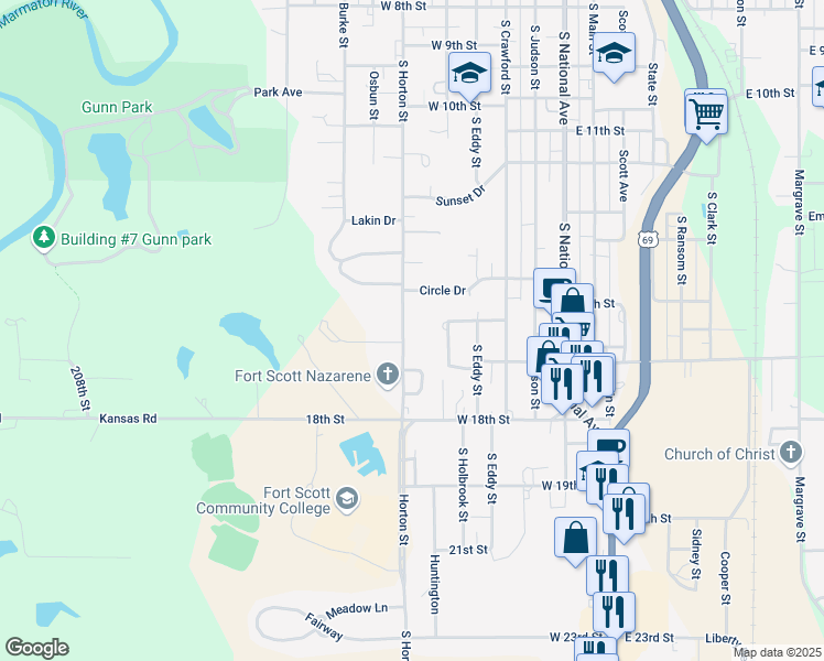 map of restaurants, bars, coffee shops, grocery stores, and more near 1501 Horton Street in Fort Scott