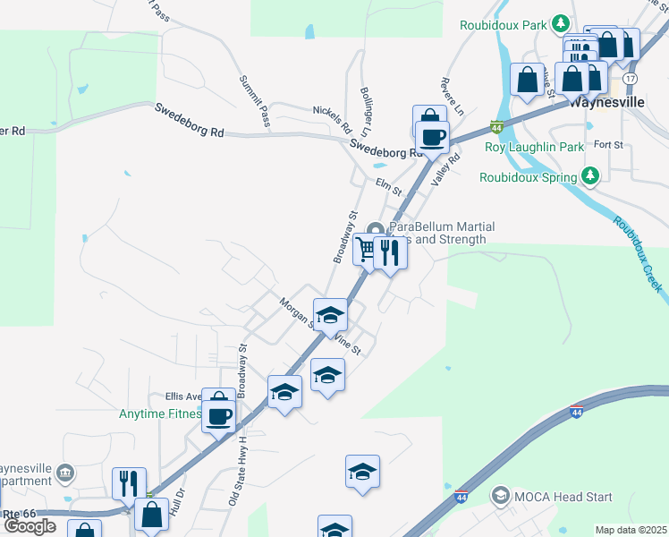 map of restaurants, bars, coffee shops, grocery stores, and more near 606 Broadway Street in Waynesville