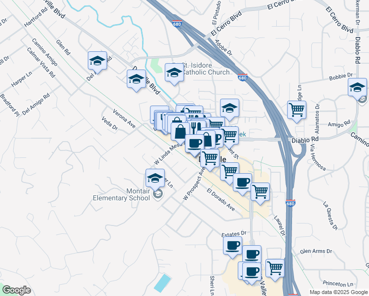 map of restaurants, bars, coffee shops, grocery stores, and more near 115a Railroad Avenue in Danville