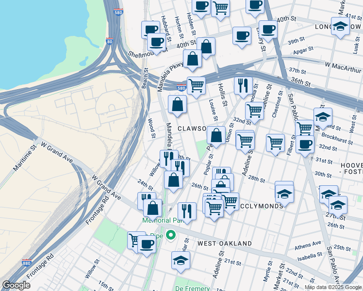 map of restaurants, bars, coffee shops, grocery stores, and more near 27 Moss Lane in Oakland