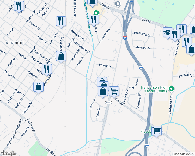 map of restaurants, bars, coffee shops, grocery stores, and more near 261 Blue Ridge Drive in Henderson
