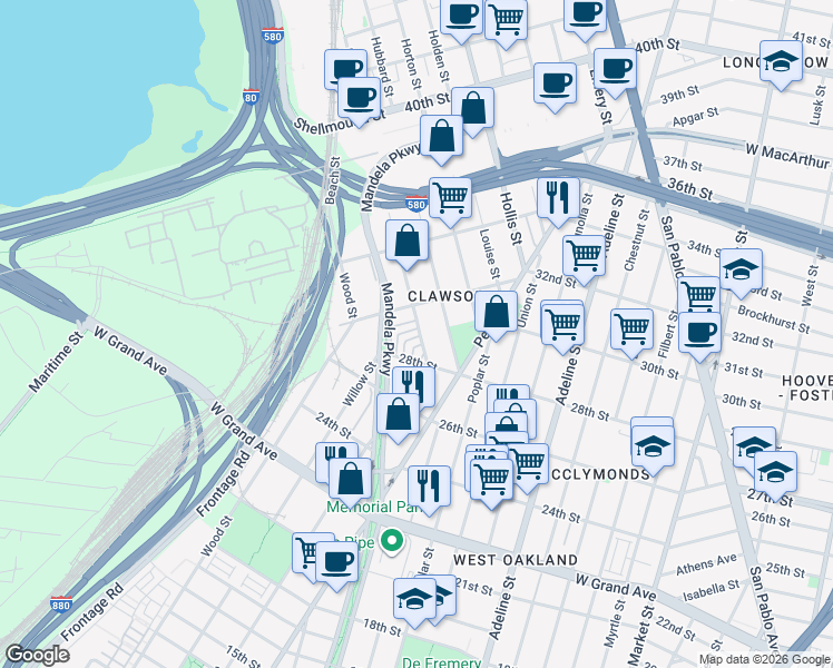 map of restaurants, bars, coffee shops, grocery stores, and more near 27 Moss Lane in Oakland