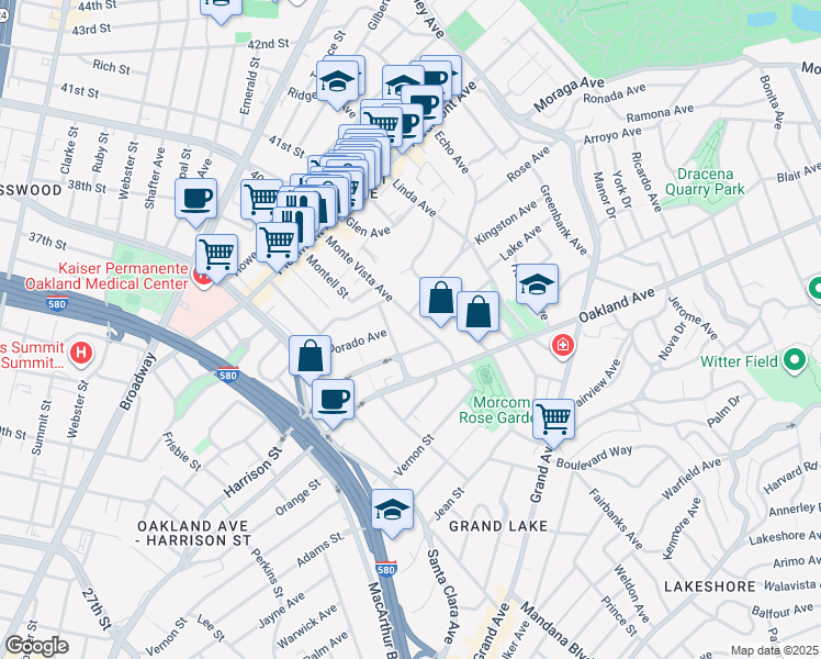 map of restaurants, bars, coffee shops, grocery stores, and more near 323 Monte Vista Avenue in Oakland