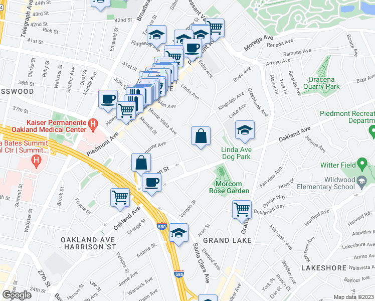 map of restaurants, bars, coffee shops, grocery stores, and more near 323 Monte Vista Avenue in Oakland
