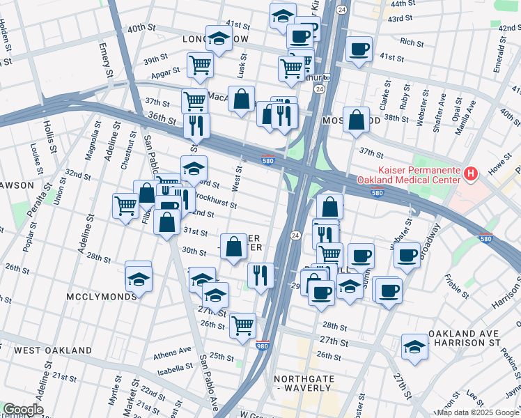 map of restaurants, bars, coffee shops, grocery stores, and more near 678 Brockhurst Street in Oakland