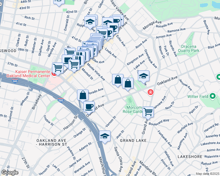 map of restaurants, bars, coffee shops, grocery stores, and more near 323 Monte Vista Avenue in Oakland