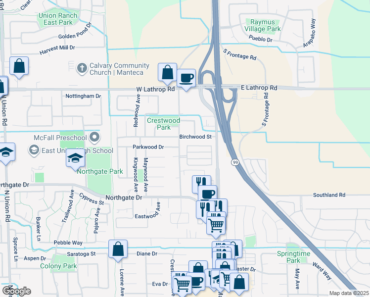 map of restaurants, bars, coffee shops, grocery stores, and more near 232 Cornerstone Way in Manteca