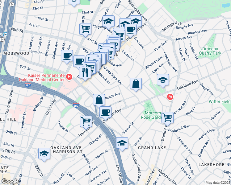 map of restaurants, bars, coffee shops, grocery stores, and more near in Oakland