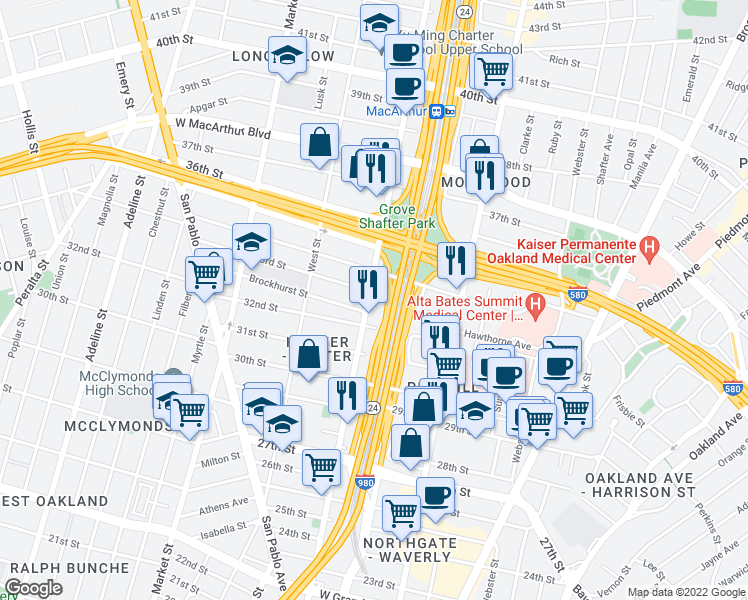 map of restaurants, bars, coffee shops, grocery stores, and more near in Oakland