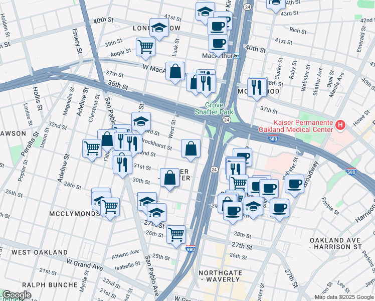 map of restaurants, bars, coffee shops, grocery stores, and more near 669 33rd Street in Oakland