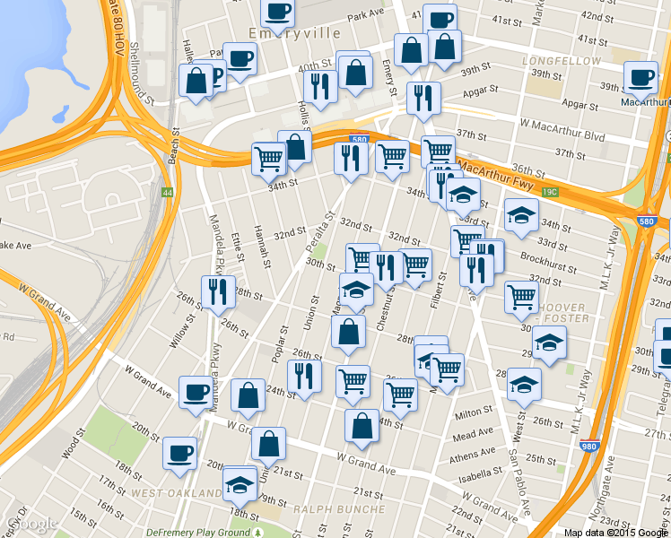 map of restaurants, bars, coffee shops, grocery stores, and more near 1212 30th Street in Oakland