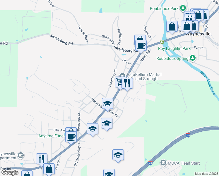 map of restaurants, bars, coffee shops, grocery stores, and more near 606 Broadway Street in Waynesville