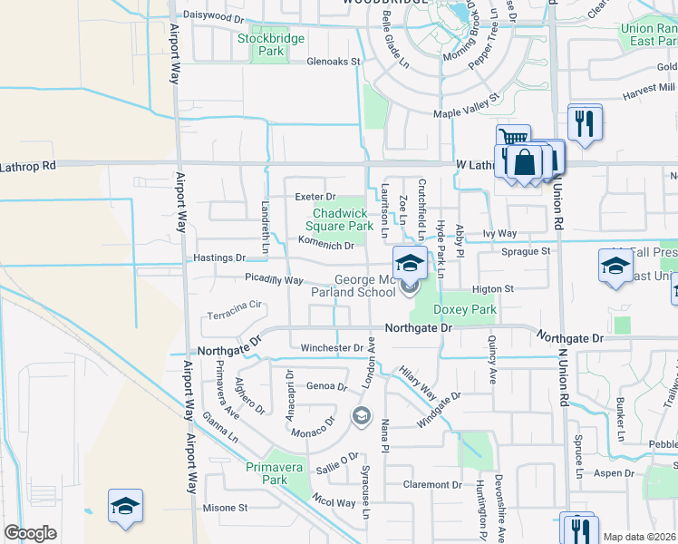 map of restaurants, bars, coffee shops, grocery stores, and more near 1726 Hastings Drive in Manteca