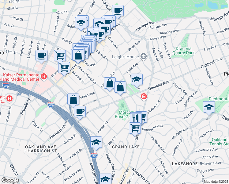 map of restaurants, bars, coffee shops, grocery stores, and more near 15 Olive Avenue in Piedmont