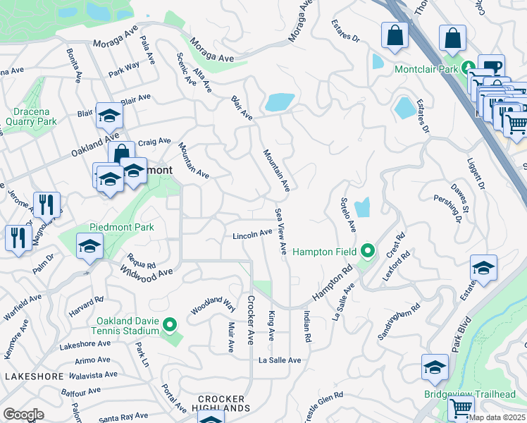 map of restaurants, bars, coffee shops, grocery stores, and more near 47 Lakeview Avenue in Piedmont