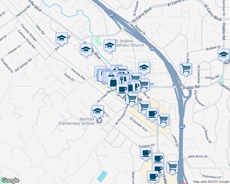 map of restaurants, bars, coffee shops, grocery stores, and more near 115a Railroad Avenue in Danville