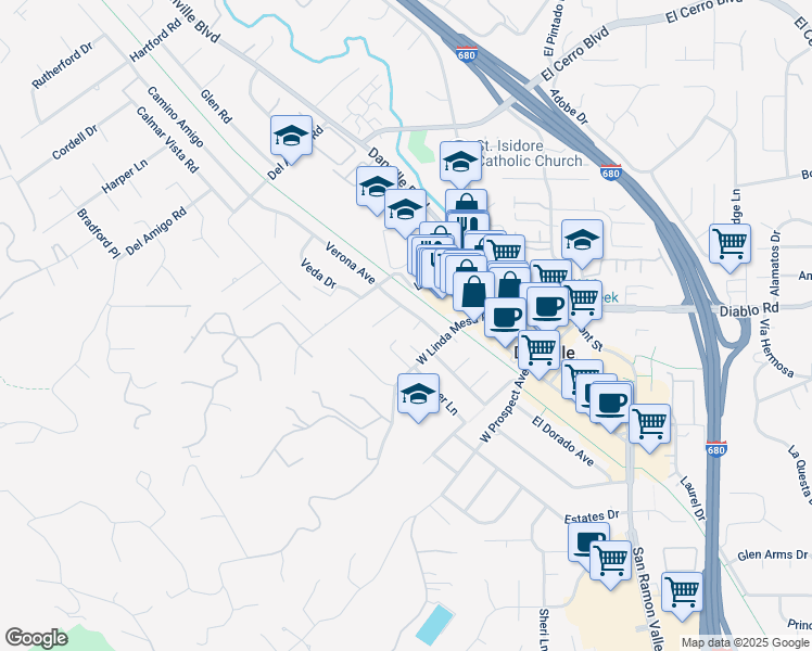map of restaurants, bars, coffee shops, grocery stores, and more near 47 Verona Court in Danville