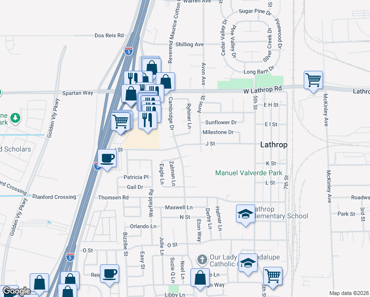 map of restaurants, bars, coffee shops, grocery stores, and more near 480 J Street in Lathrop