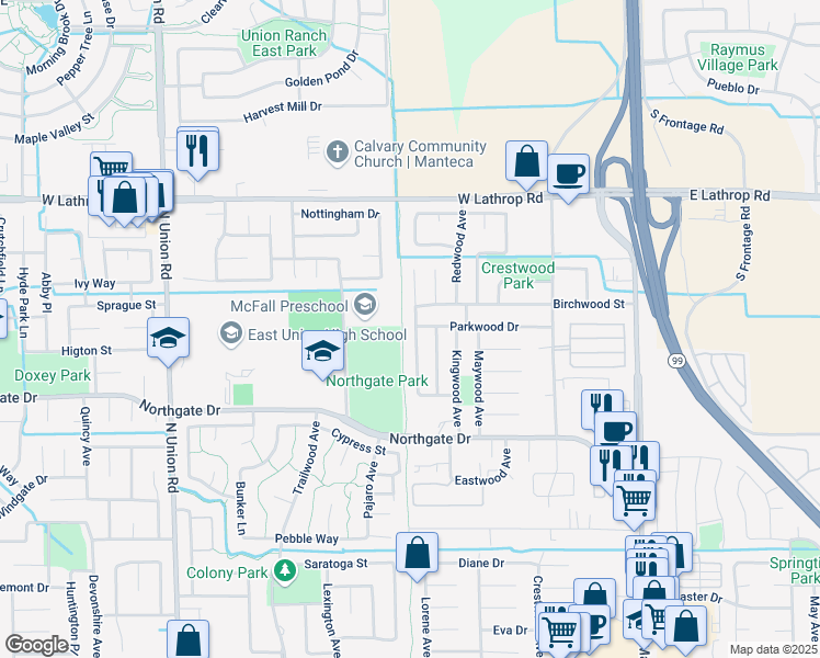 map of restaurants, bars, coffee shops, grocery stores, and more near 1793 Olivewood Avenue in Manteca