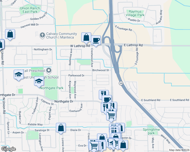 map of restaurants, bars, coffee shops, grocery stores, and more near 232 Cornerstone Way in Manteca