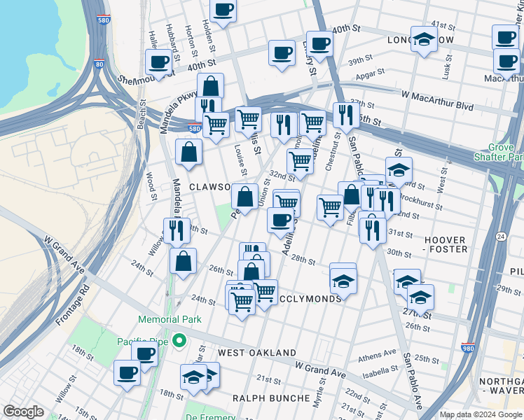 map of restaurants, bars, coffee shops, grocery stores, and more near 1239 30th Street in Oakland
