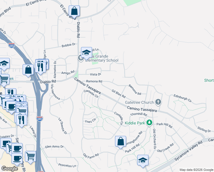 map of restaurants, bars, coffee shops, grocery stores, and more near 145 Gil Blas Road in Danville
