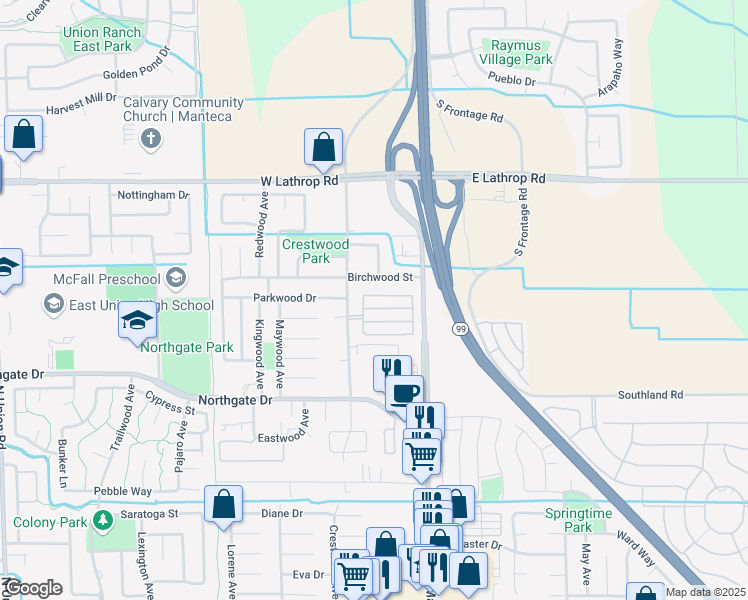 map of restaurants, bars, coffee shops, grocery stores, and more near 232 Cornerstone Way in Manteca
