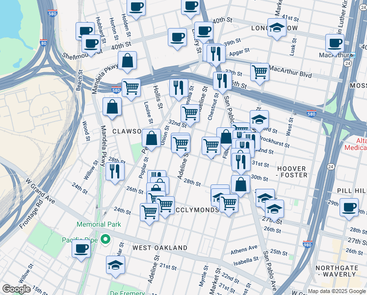 map of restaurants, bars, coffee shops, grocery stores, and more near in Oakland