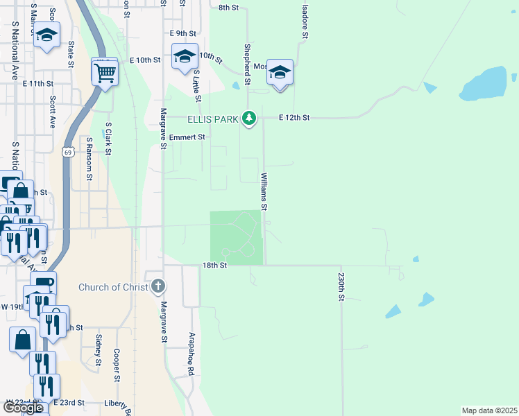 map of restaurants, bars, coffee shops, grocery stores, and more near 1726 Williams Street in Fort Scott