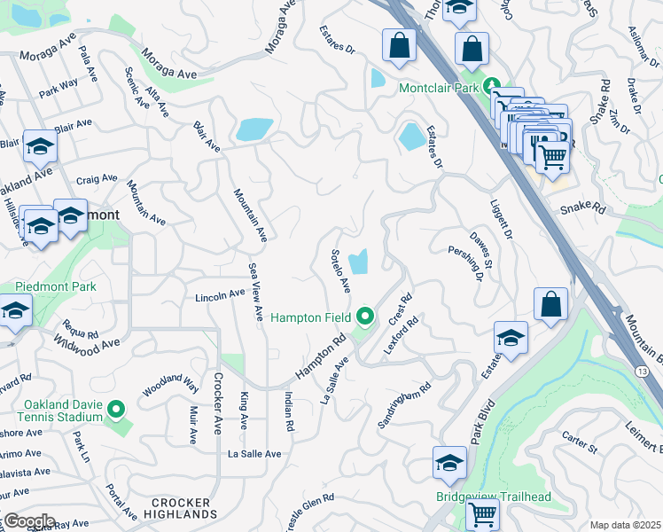 map of restaurants, bars, coffee shops, grocery stores, and more near 19 Sotelo Avenue in Piedmont
