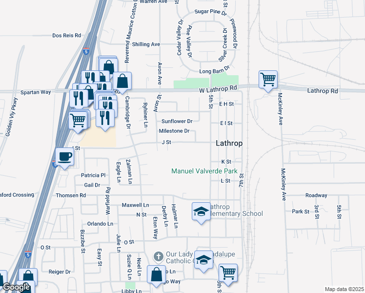 map of restaurants, bars, coffee shops, grocery stores, and more near 800 J Street in Lathrop