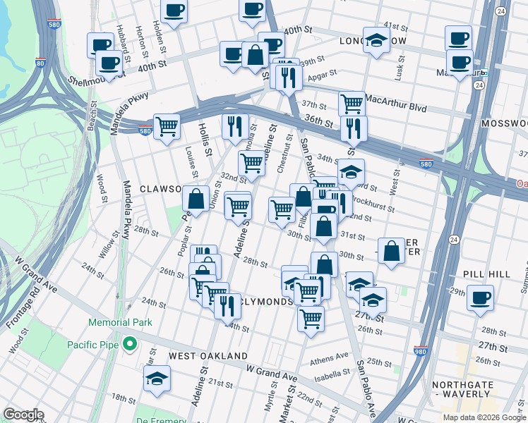 map of restaurants, bars, coffee shops, grocery stores, and more near in Oakland