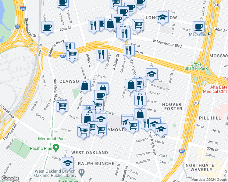 map of restaurants, bars, coffee shops, grocery stores, and more near 3029 Chestnut Street in Oakland