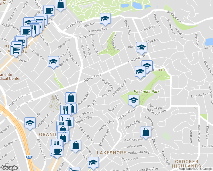 map of restaurants, bars, coffee shops, grocery stores, and more near 166 Nova Drive in Piedmont