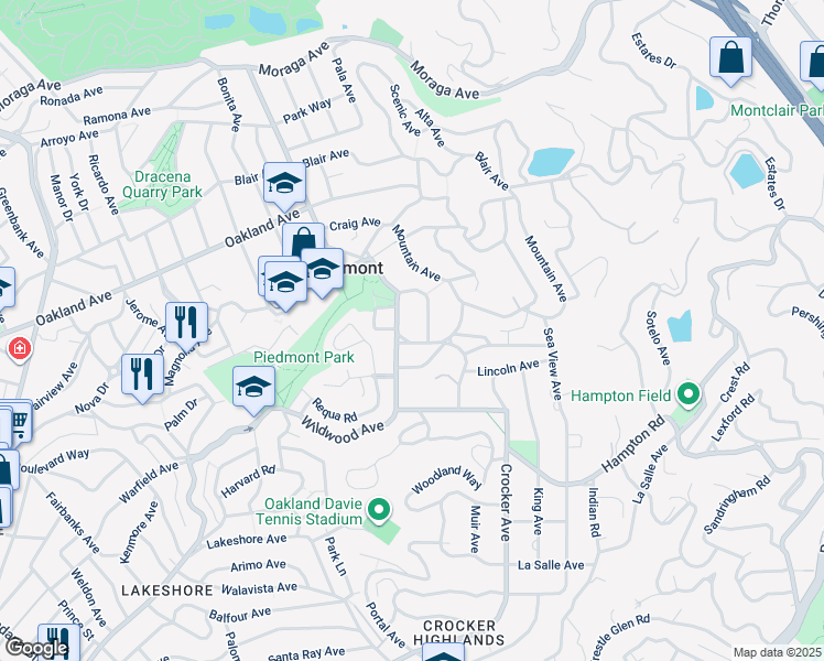 map of restaurants, bars, coffee shops, grocery stores, and more near 105 Sheridan Avenue in Piedmont