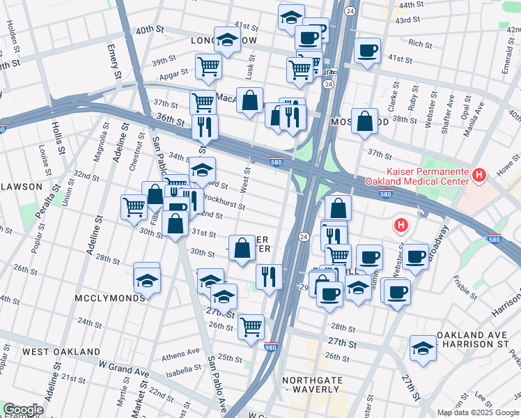map of restaurants, bars, coffee shops, grocery stores, and more near 698 Brockhurst Street in Oakland