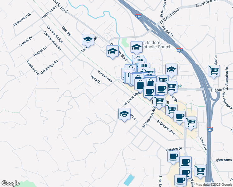 map of restaurants, bars, coffee shops, grocery stores, and more near 47 Verona Court in Danville