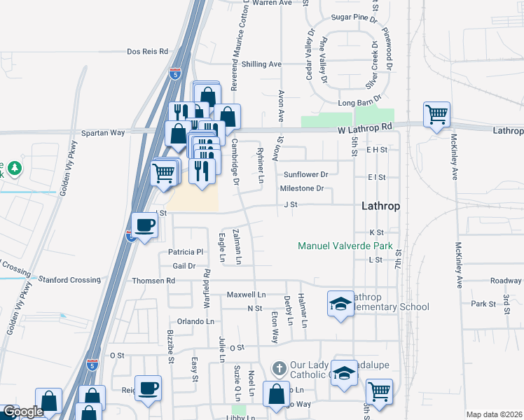 map of restaurants, bars, coffee shops, grocery stores, and more near 480 J Street in Lathrop