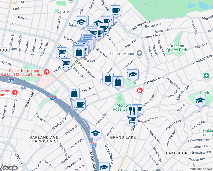 map of restaurants, bars, coffee shops, grocery stores, and more near 344 Monte Vista Avenue in Oakland