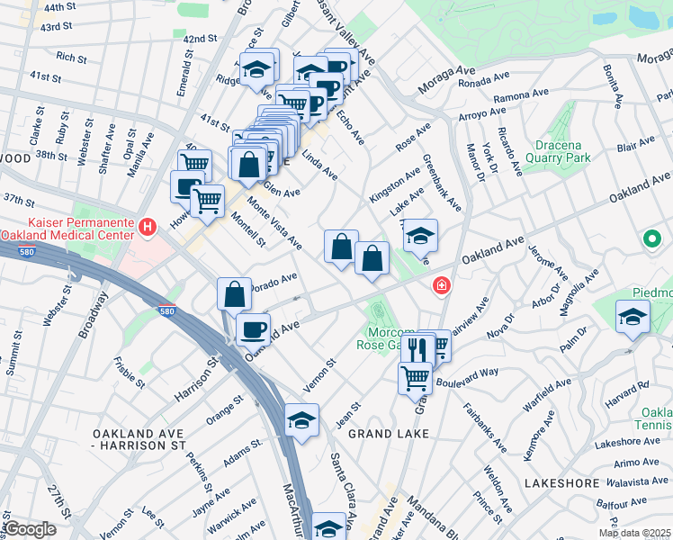 map of restaurants, bars, coffee shops, grocery stores, and more near 7 Olive Avenue in Piedmont