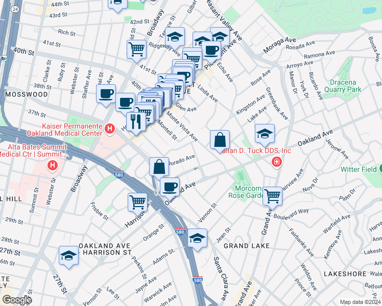 map of restaurants, bars, coffee shops, grocery stores, and more near in Oakland