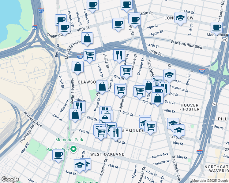 map of restaurants, bars, coffee shops, grocery stores, and more near 1212 30th Street in Oakland